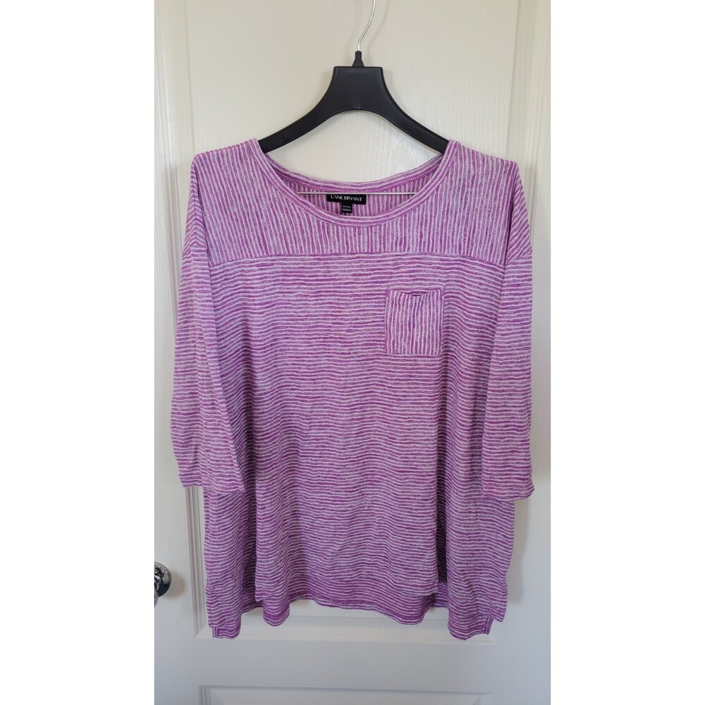 Lane Bryant Striped Purple & White 3/4 Length Knit Blouse